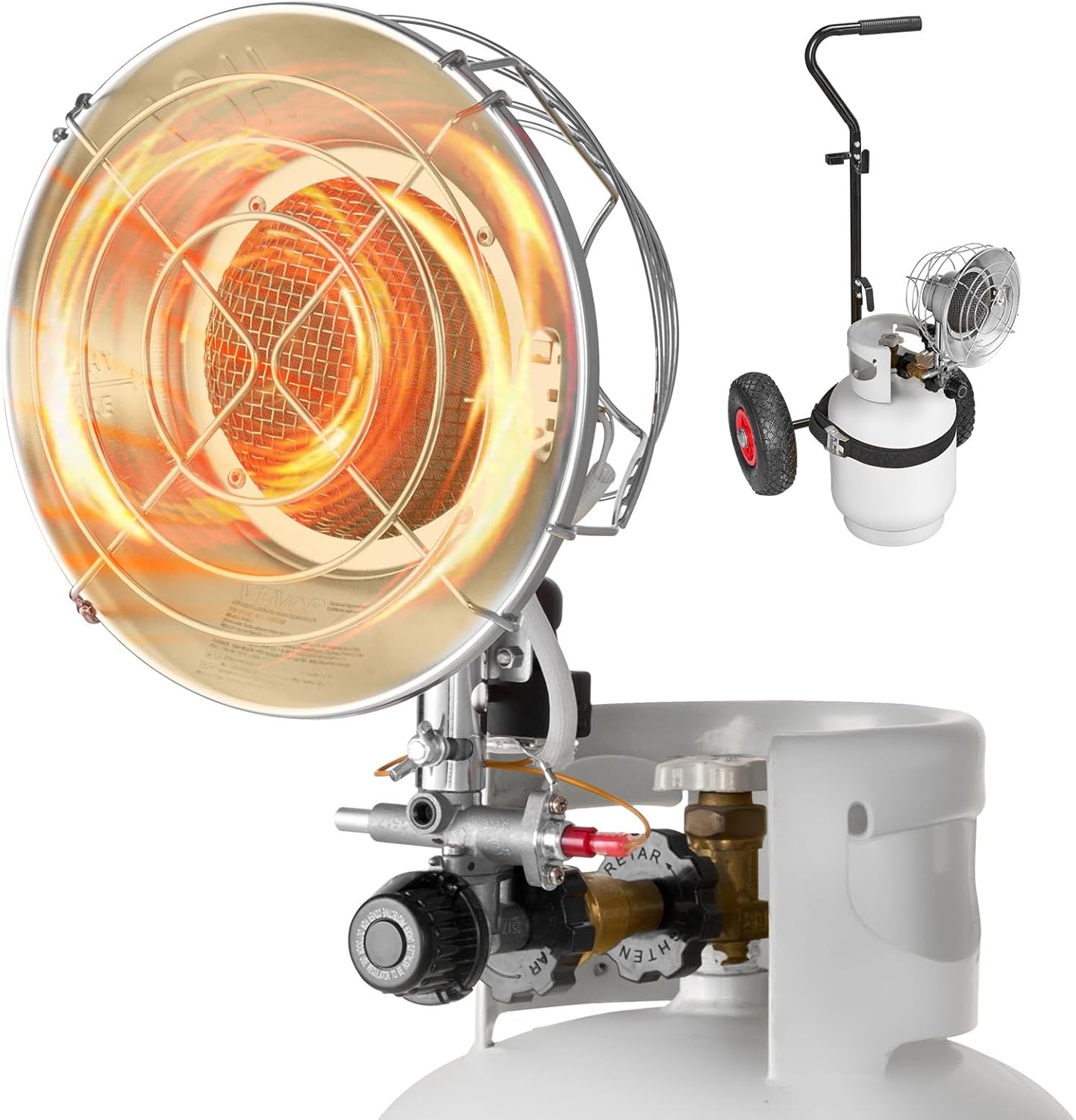VEVOR Propane Tank Top Heater with Portable Trolley, 15000 BTU Rapid Heating 180-Degree Infrared Radiant Tank Top Gas Heater for 20-40lb Propane Tanks, for Ice Fishing\/Hunting\/Outdoor Single Burner