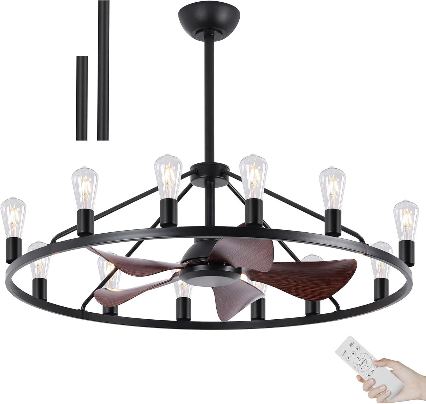 KINGTORO 44 in Black Chandelier Ceiling Fans with Lights, 12 E26 Base Living Room Fan Lights Ceiling Fixtures, Wagon Wheel Fandelier for Kitchen Dining Room（Black Chandelier+5 Walnut Fan Blades）