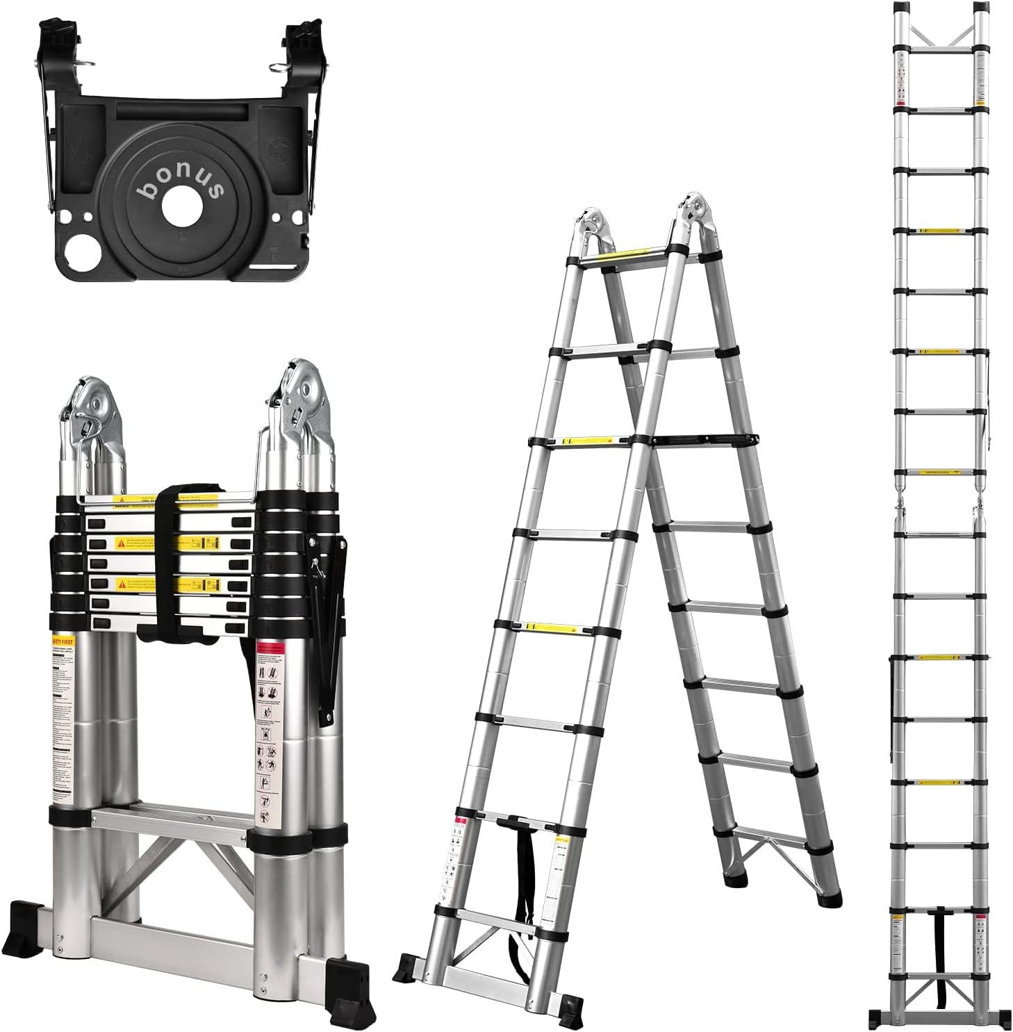 Telescoping Ladder A Frame, 16.5 Ft Compact Aluminum Extension Ladder, Portable Telescopic RV Ladder for Outdoor Camper Trips Motorhome with Tool Platform and Stabilizer Bar, 330 lb Capacity