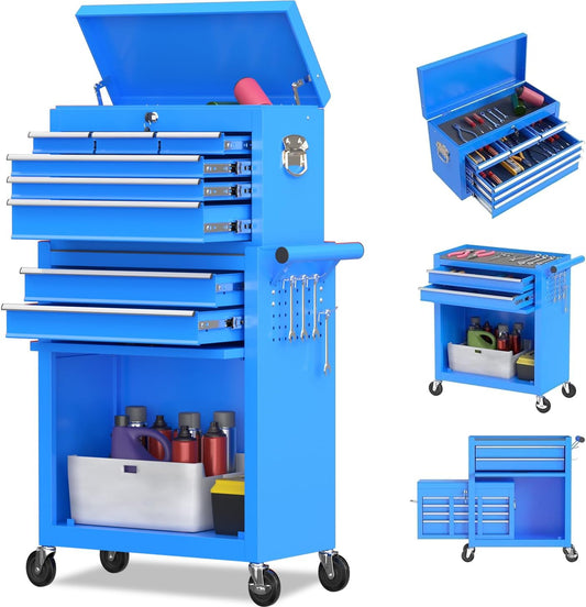 8-Drawer Rolling Tool Chest Tool Box,Removable Tool Storage Cabinet with 4 Wheels and Drawers,2 in 1 Portable Toolbox Organizer, Tool Chest with Lockable Drawer Gifts for Men, Blue