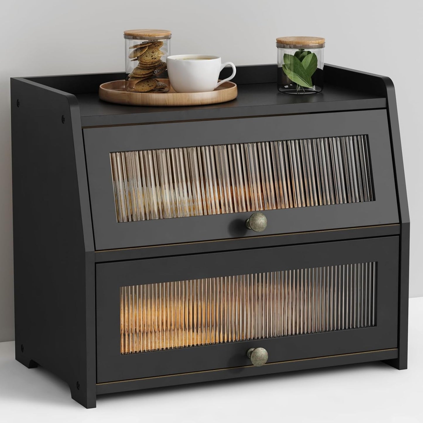 Goozii Large Bread Box for Kitchen Countertop, Black Bread Storage Container for Homemade Bread, Double Layer Farmhouse Breadbox Organizer for Kitchen Counter Cabinet, Pantry, Cupboard (Black)