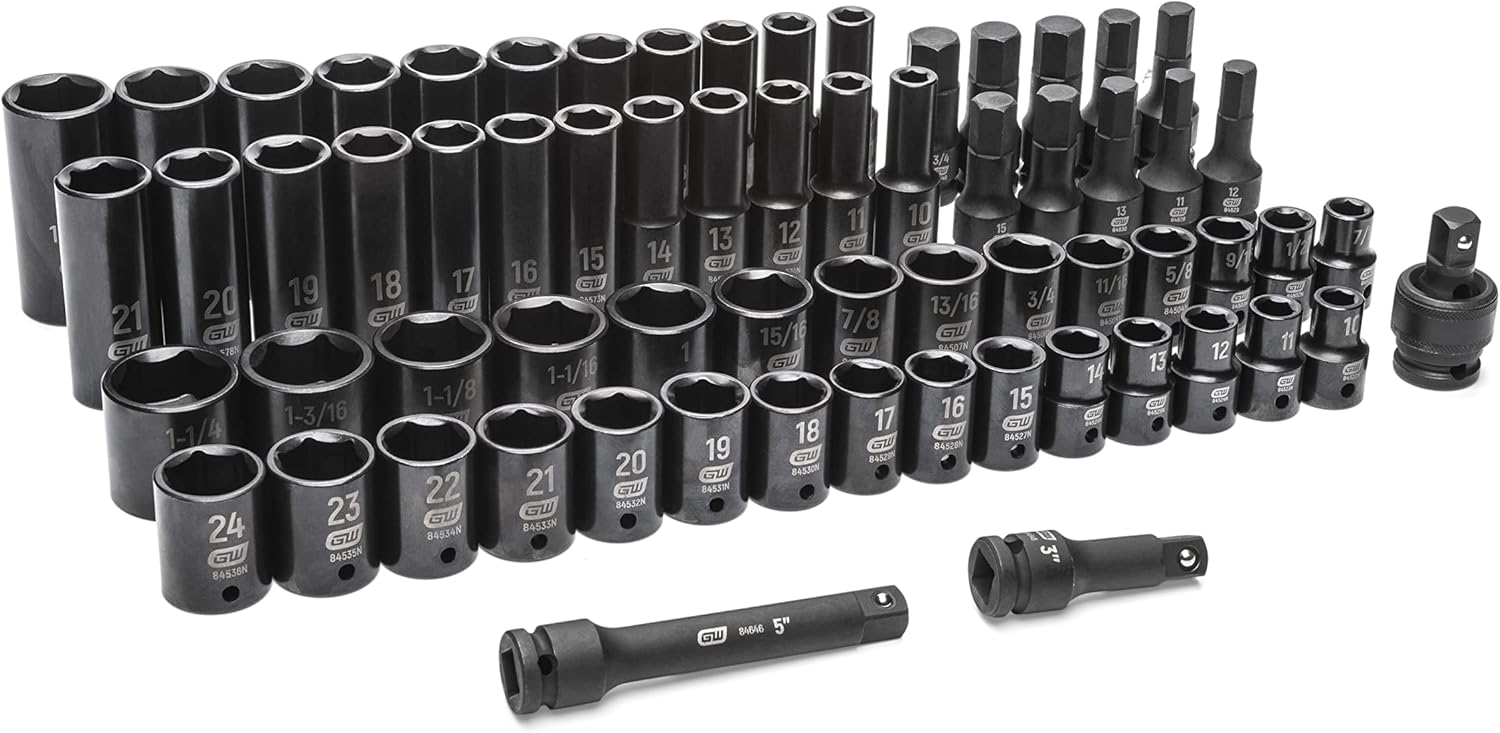 GEARWRENCH 65 Piece 1/2" Drive Standard & Deep SAE/MM Impact Socket Set - 89095
