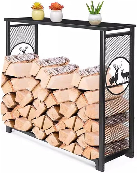 GTPBAO Wrought Iron Log Stacker Stand Desk, Firewood Racks with Mesh, Wood Storage Holder for Outside Firepits\/Lumber Store(Length 100cm)