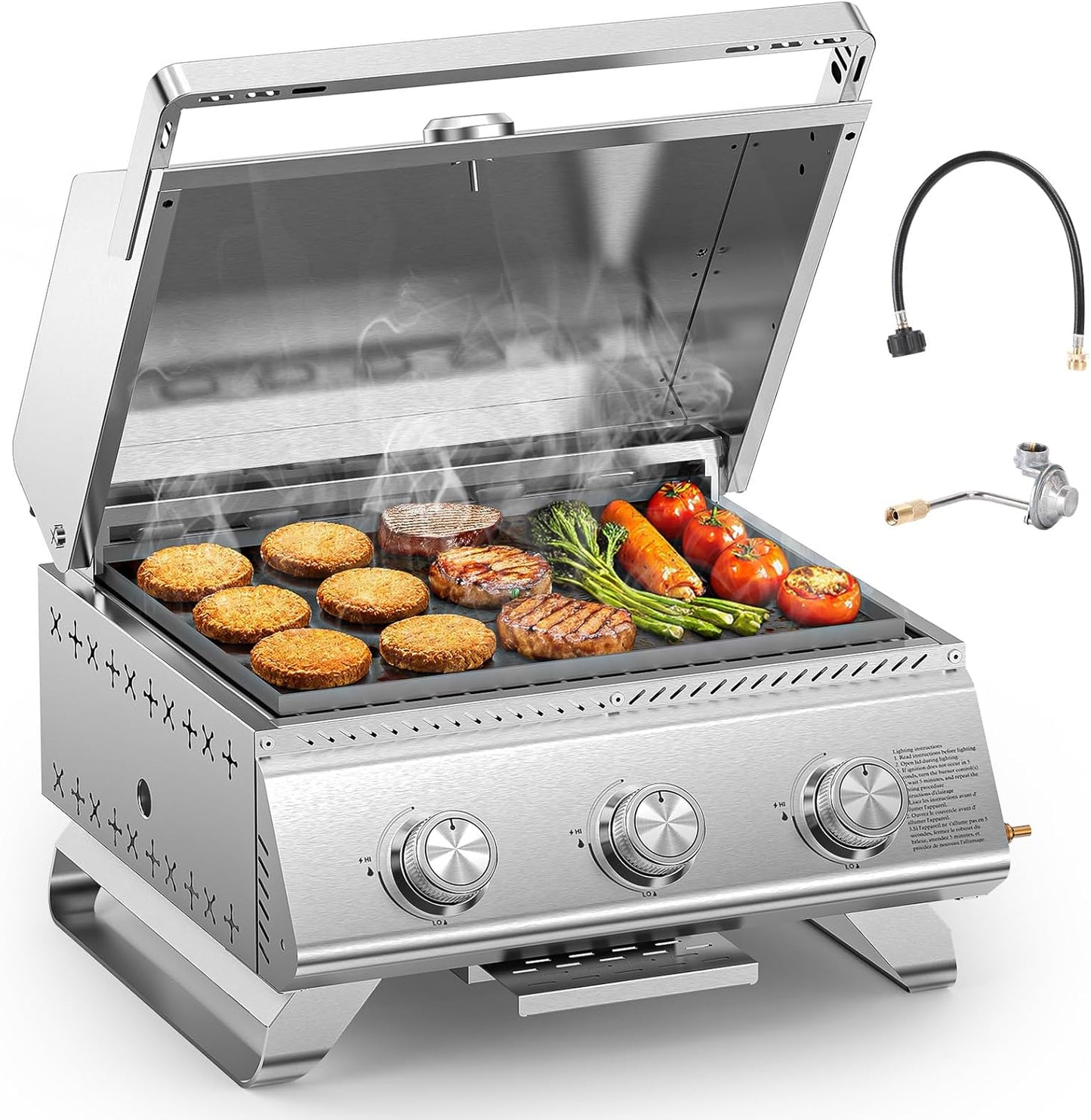 COWSAR Portable 3-Burner Table Top Gas Grill with Griddle, Stainless Steel BBQ Propane Grill, Flat Top Grill with Lid for Outdoor Cooking Camping or Tailgating, 24,000 BTU