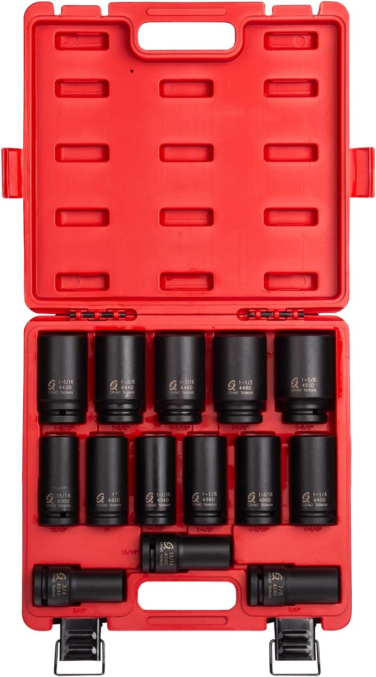 SUNEX TOOLS 4638, 3\/4 Inch Drive Deep Impact Socket Set, 14-Piece, SAE, 3\/4" - 1-5\/8", Cr-Mo Alloy Steel, Radius Corner Design, Dual Size Markings, Heavy Duty Storage Case