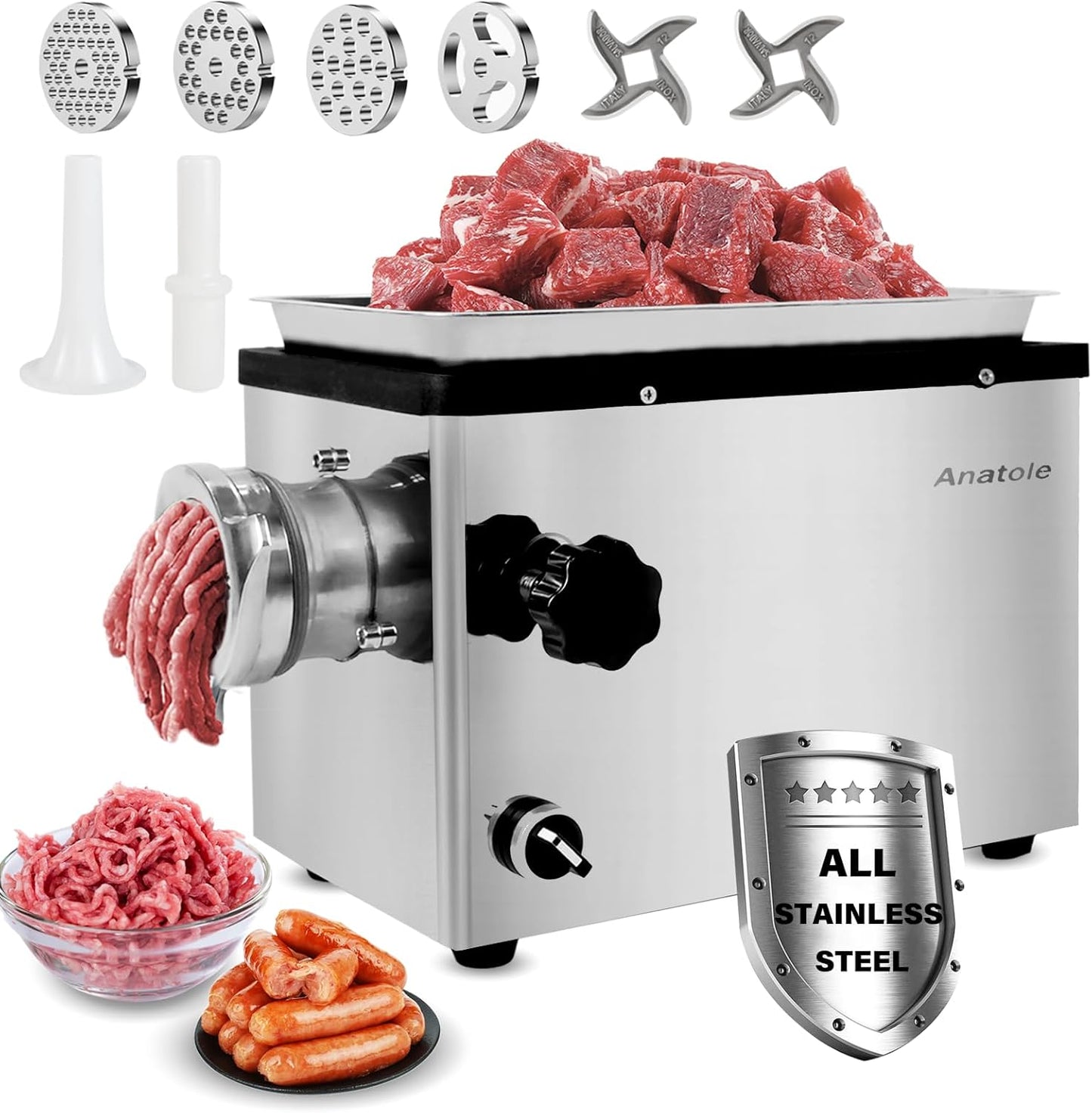 Anatole Commercial Electric Meat Grinder 1.5 HP 1100 W All Stainless Steel Meat Bones Mincer Heavy Duty Sausage Stuffer with 4 Grinding Plate 2 Blades for Restaurant Hotel 110V