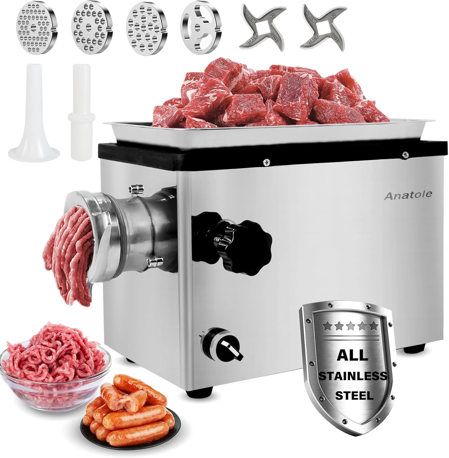 Anatole Commercial Electric Meat Grinder 1.5 HP 1100 W All Stainless Steel Meat Bones Mincer Heavy Duty Sausage Stuffer with 4 Grinding Plate 2 Blades for Restaurant Hotel 110V