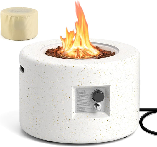 Happygrill 40,000 BTU Outdoor Fire Pit Table, 25.5” Round Terrazzo Propane Gas Fire Pit with Stainless Steel Burner, Simple Ignition System, Protective PVC Cover, Lava Rocks Included