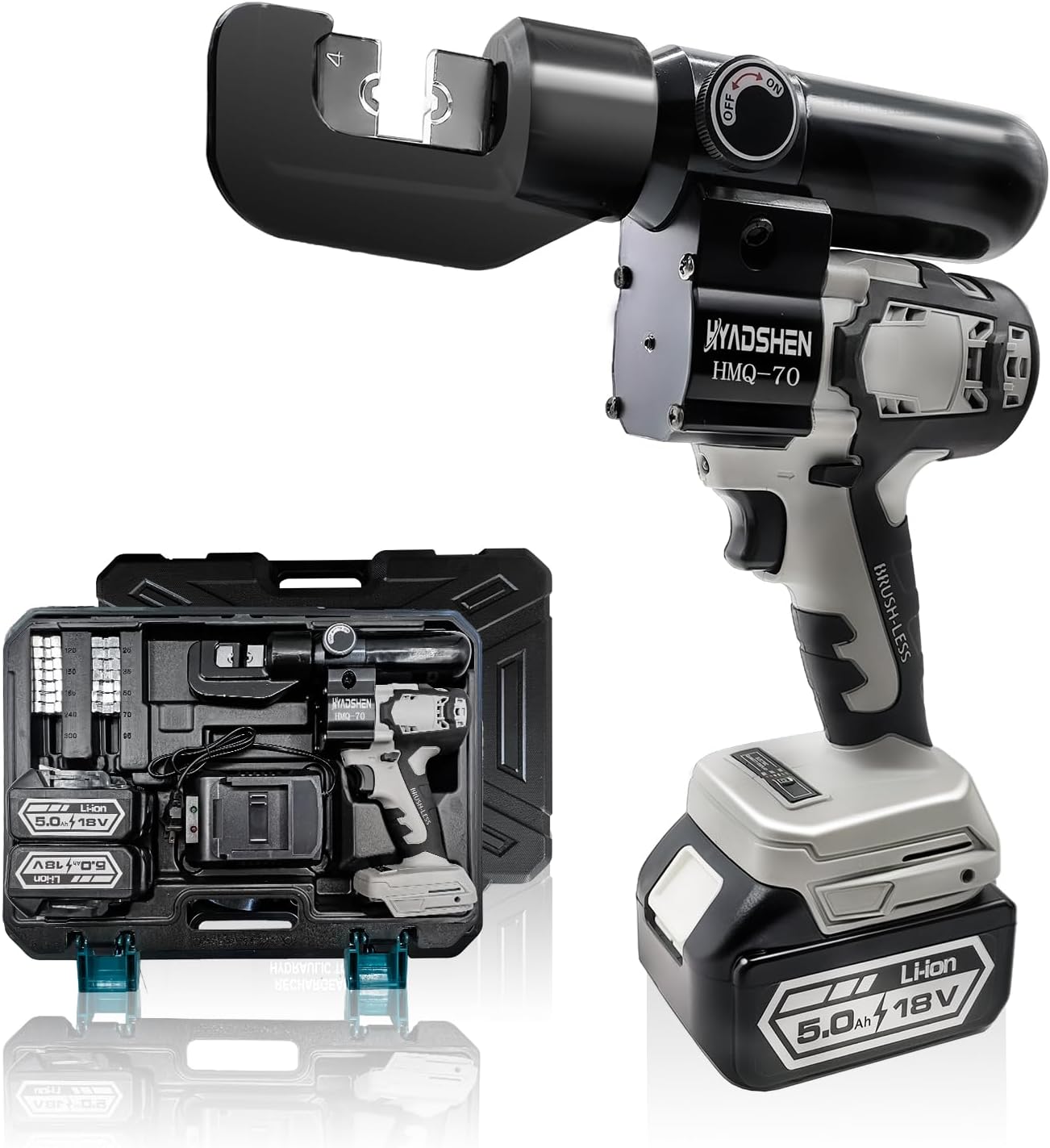 HYADSHEN Electric Hydraulic Cable Lug Crimping Tool, Hydraulic Electrical Terminal Cable Lug Wire Crimper Rechargeable Crimping Tool Kits with 8 Dies, 12 AWG to 2\/0 AWG（HMQ-70）