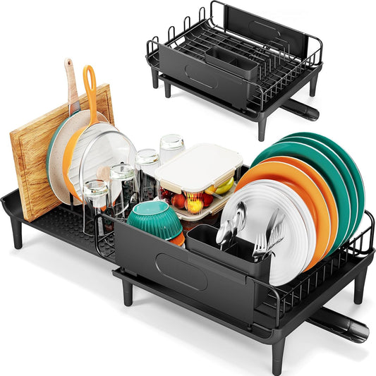 Extendable Dish Drying Rack for Kitchen Counter, Large Expandable Dish Rack with Multifunctional Drainboard for Pan Pot, Collapsible dish drainer, Foldable Plate Strainer for Home Countertop Storage