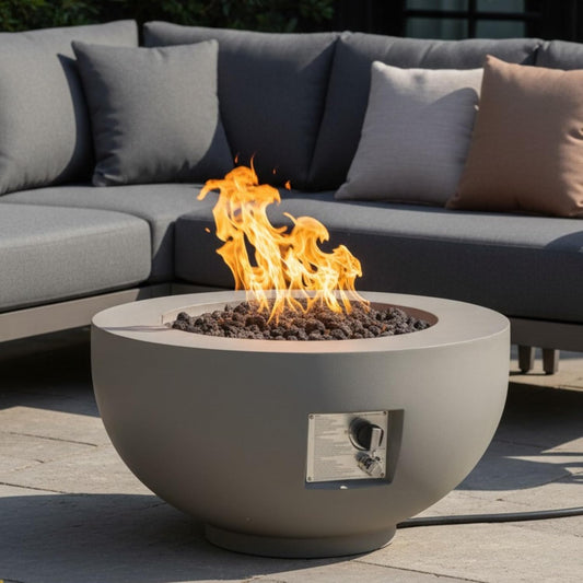 28 Inch Outdoor Round Propane Fire Pit Table, 40,000 BTU Concrete Gas Fire Pit Bowl with Lava Rocks, Burner Lid & Waterproof Cover, Light Grey Patio Firepit for Deck, Garden & Backyard