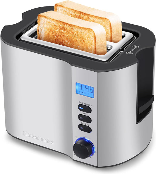 Elite Gourmet ECT2145 Extra Wide Slot 2-Slice Toaster, Bagel Function Reheat, Defrost, & Cancel Functions, 6 Toast Settings, Built-in Warming Rack, Countdown Timer, Stainless Steel