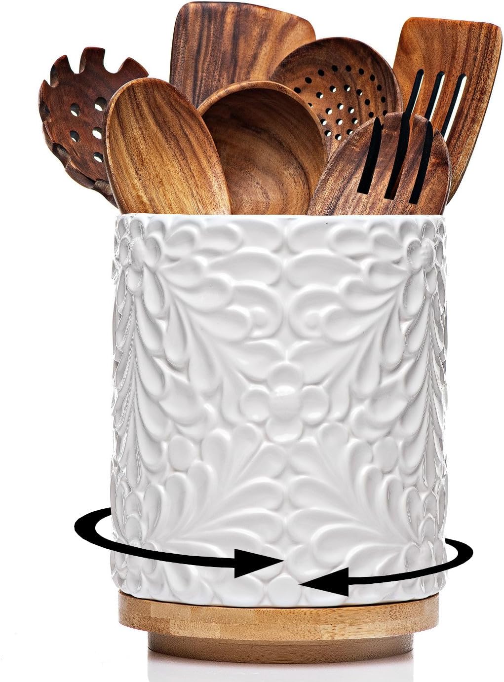 Extra Large 360° Rotating Utensil Holder for Kitchen Counter, 8.3” Cooking Utensil Holder for Countertop with Bamboo Base, White Ceramic Utensil Crock Canister for Cooking Utensils - Engraved Design