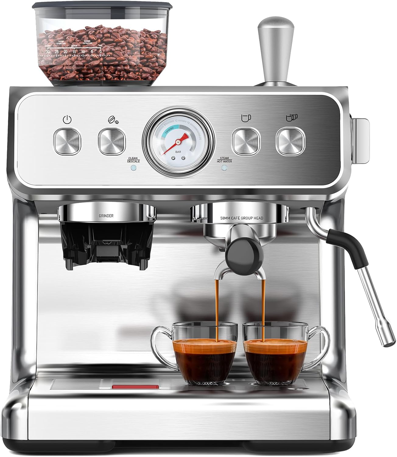 Espresso Machine with Grinder, Stainless Steel 20 Bar Semi-Automatic Expresso Coffee Machines, Featuring a Milk Frother, Steam Wand, Removable Water Tank for Latte, Macchiato, Cappuccino