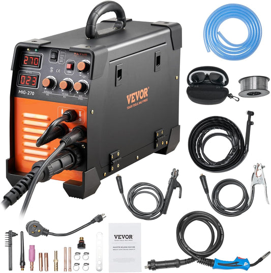 VEVOR MIG Welder, 3 in 1 270 Amp Welding Machine, 110 220V MIG Lift TIG Arc Welder, Portable Lift TIG Welder ARC Welder with IGBT DC Inverter, LCD Digital Display, Welder Torch and Welding Wire
