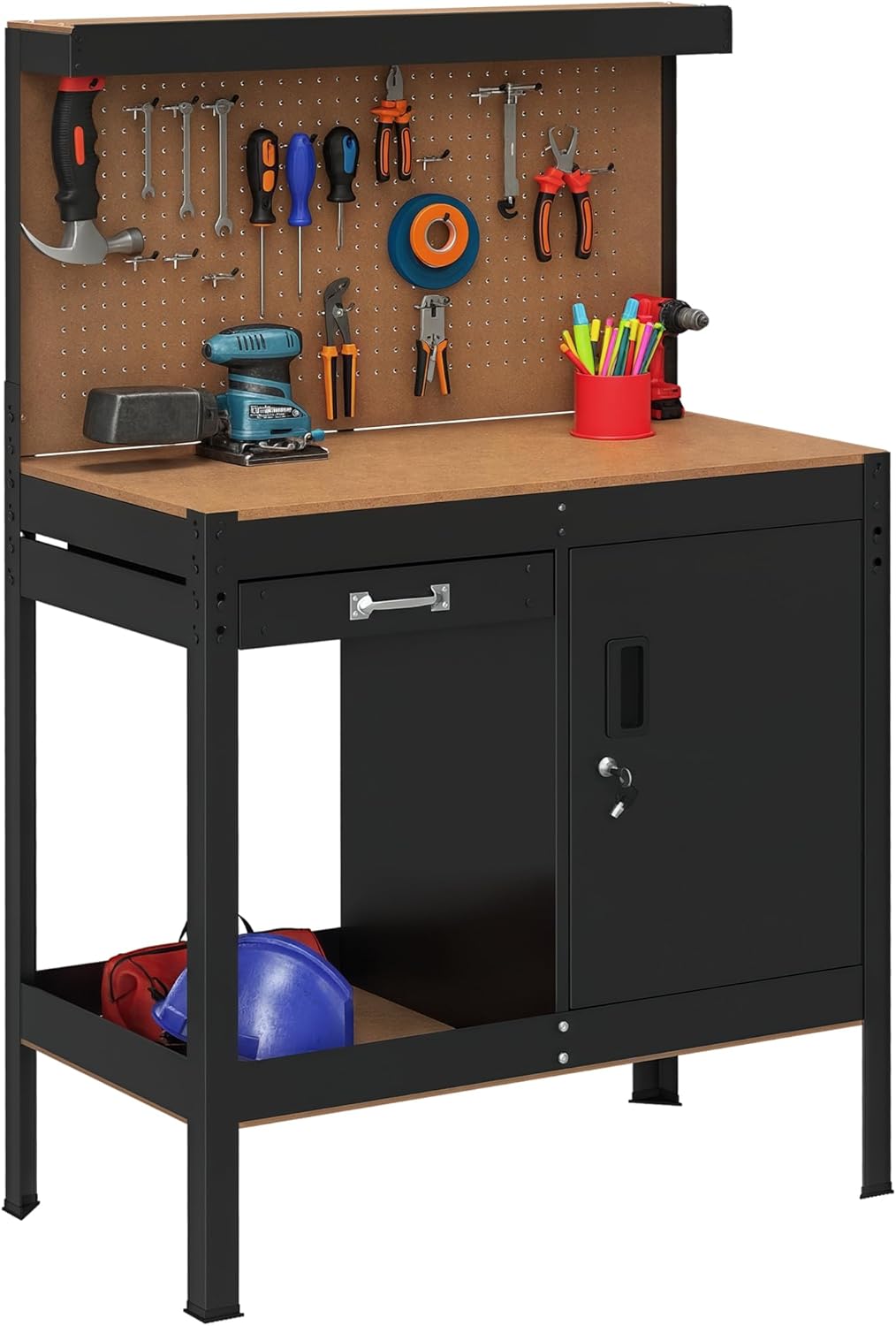 HOMCOM Multipurpose Workbench with Slide Drawer, Workshop Tool Table Peg Board, Storage Cabinet with Keys, Black