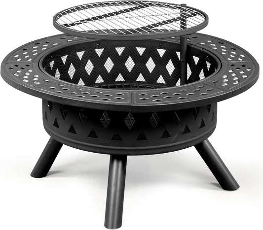 Black 2 in 1 Fire Pit with Removable Swivel Grill, Large 30 Inch Outdoor Firepit, Steel Fire Bowl Cooking Grate, Backyard Bonfire Patio Outside Picnic BBQ