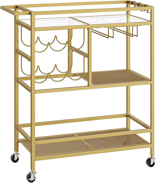 Bar Cart for Home, 3-Tier Serving Cart with Wheels and Handle, Beverage Cart with Wine Rack and Glass Holders, Rolling Wine Cart for Kitchen, Dining Room, Gold RCJ61B01