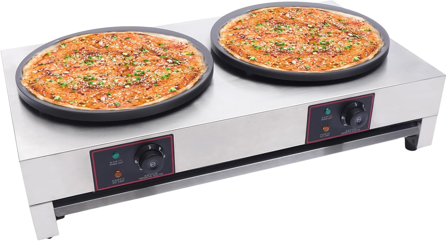 16 Inch Commercial Crepe Maker, Pancake Maker Machine with Double Pan, Commercial Non-Stick Pancake Maker with Temperature Control, for Blintzes, Eggs, Tortilla