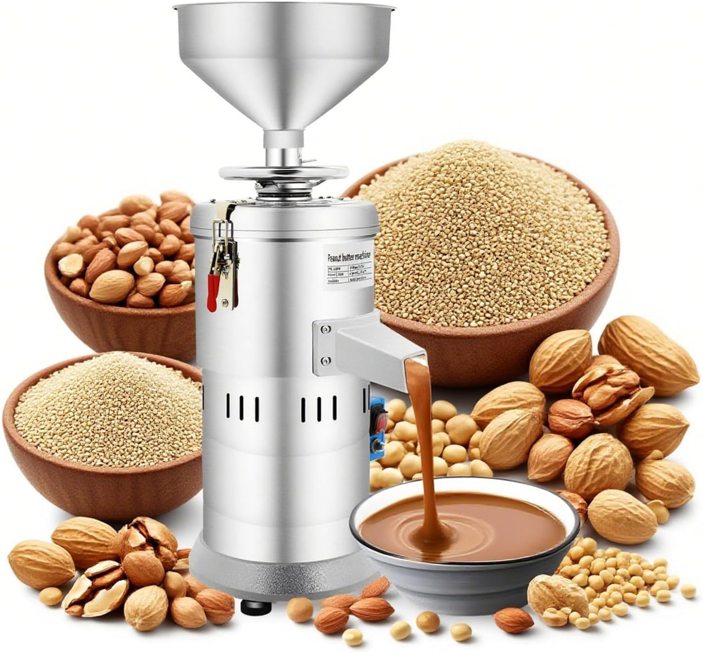 Peanut Butter Machine Electric Grain Mill with Funnel Commercial Spice Grinder Stainless Steel Sesame Sauce Peanut Butter Maker High Speed Dry Mill Grinder for Groundnut Almond Cashew Nut
