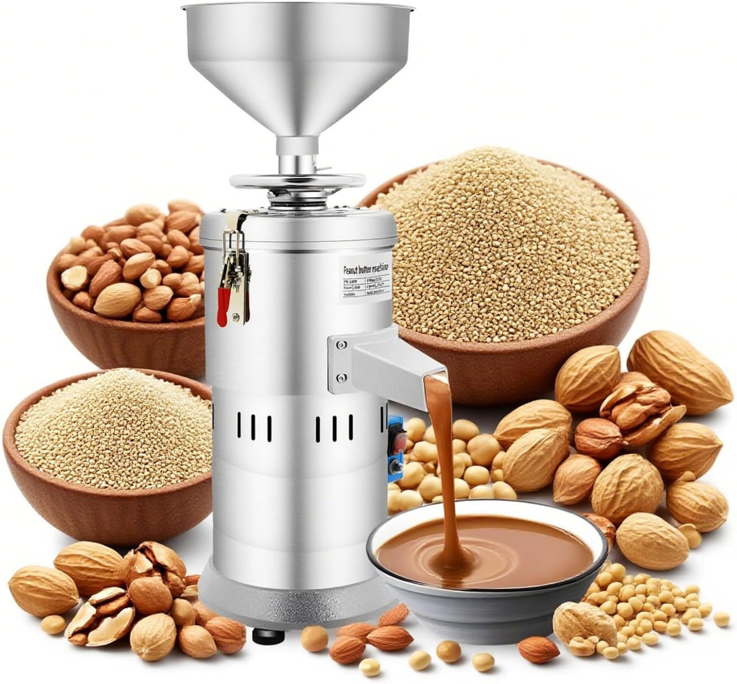Peanut Butter Machine Electric Grain Mill with Funnel Commercial Spice Grinder Stainless Steel Sesame Sauce Peanut Butter Maker High Speed Dry Mill Grinder for Groundnut Almond Cashew Nut