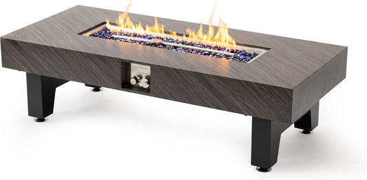 54-inch Iron Propane Fire Pit Table with Stone Finish, 50,000 BTU Outdoor Fire Pit Table with Stainless Steel Burner & Blue Glass Stones, Includes Waterproof Cover for Patio, Deck - Black