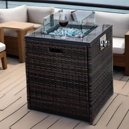 24" Propane Fire Pit Table, 50000 BTU Square Outdoor Firepit with Tile Tabletop and Wicker Base for Patio Deck Garden Courtyard (Espresso, 24")