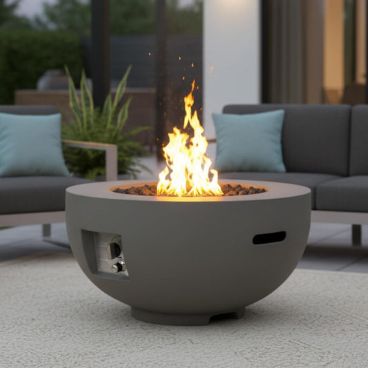 HillAethel 28-inch Outdoor Round Fire Pit Table,40,000 BTU Fire Pit Bowl, Light Concrete Propane Fire Pit with Free Lava Rocks, Rain Cover and Burner Lid, for Outside Patio, Garden, Deck, Light Grey