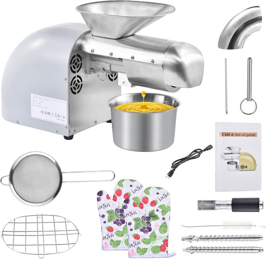 1800W Oil Press Machine, Nut Seeds Oil Extractor Cold& Hot Press Machine,Temperature Control 32F-572F,Extended Rod, 13-19LBS\/H, Lower Noise,For Coconuts,Cocoa Beans,Avocado,Amaranth Seed(Grey)