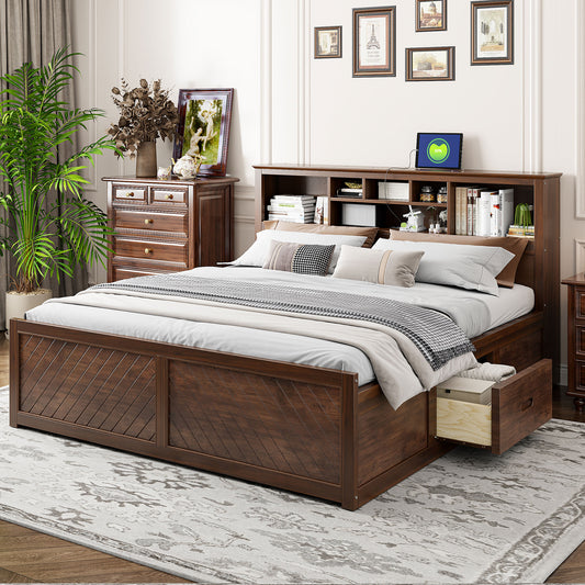 ModernLuxe King Size Wood Platform Bed with Multistorage Headboard USB and Drawers Antique Wood Color