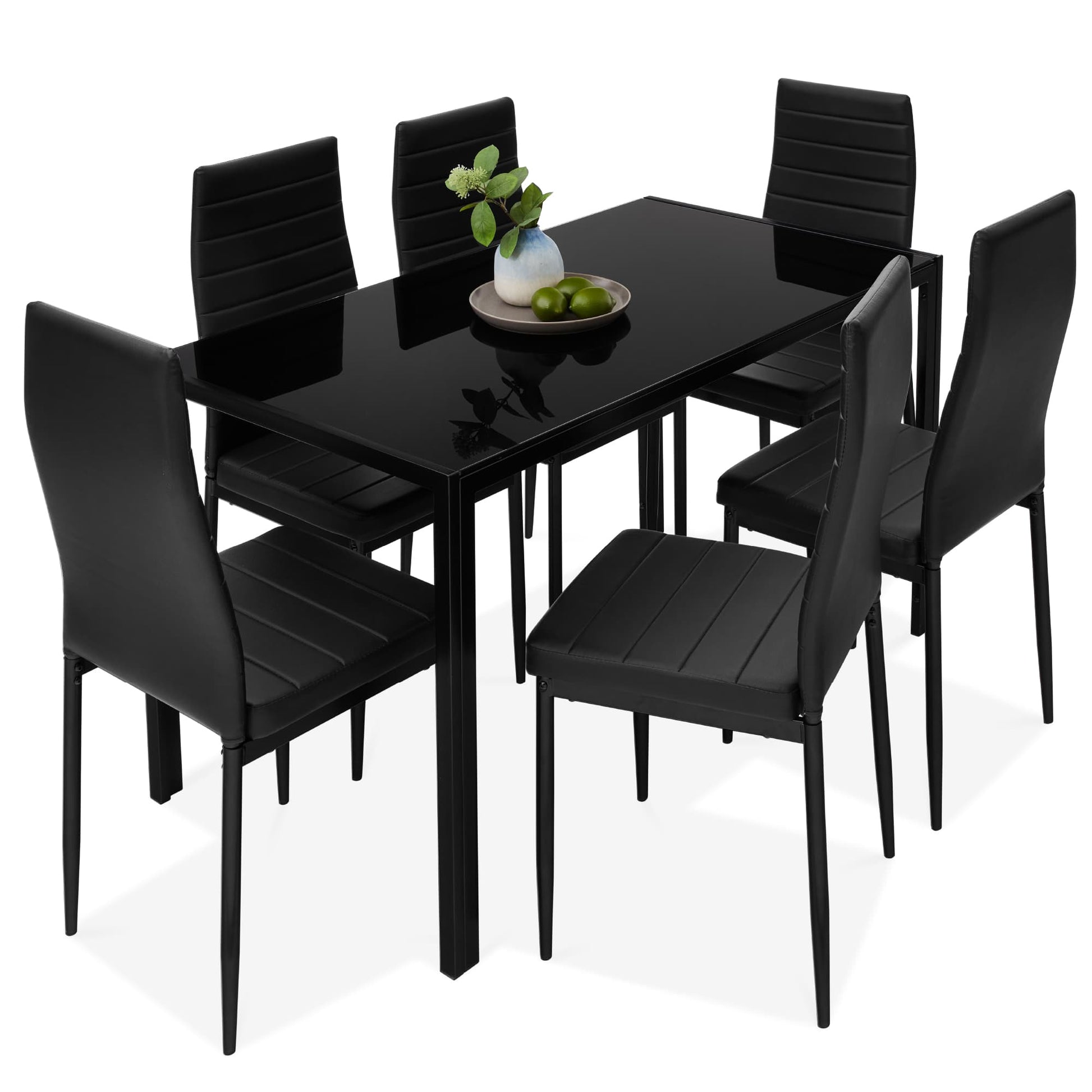 Best Choice Products  7-Piece Kitchen Dining Table Set w/ Glass Tabletop 6 Faux Leather Chairs - Black