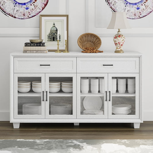Homsee Large Beveled 4 Door 2 Drawer Sideboard with Faux Thickness Panels Tempered Glass and Generous Storage in Vintage White Wood Grain Finishes