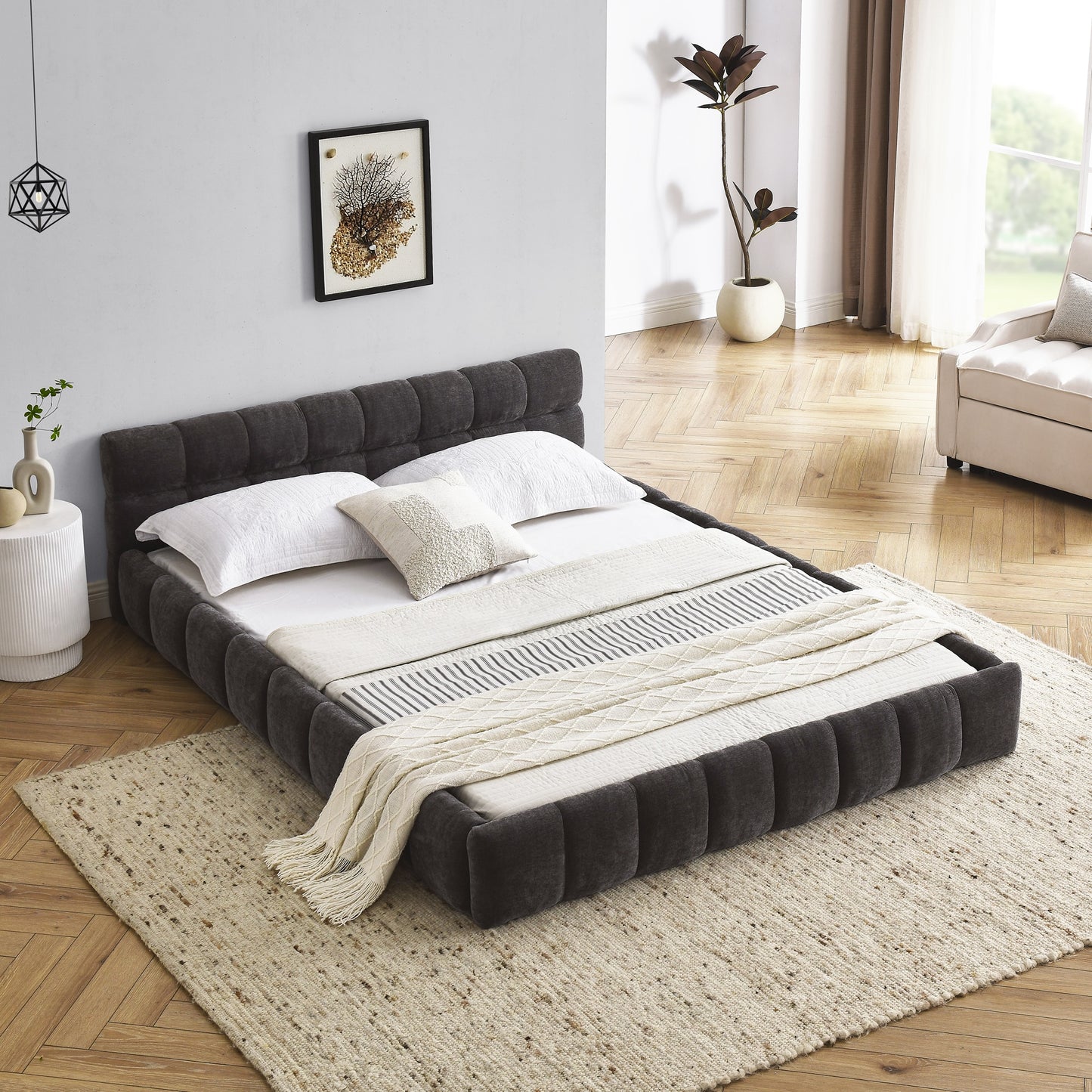 LOVMOR Queen Size Upholstered Bed Frame with Thick Fabric Chenille Fabric Grounded Queen Size Platform Bed with Headboard and Solid Frame. No Box Spring Needed Dark Grey