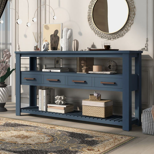 Coolbibila Navy Blue Console Table with Drawers Large MDF Entryway Table 3 Tier Storage Shelf for Living Room