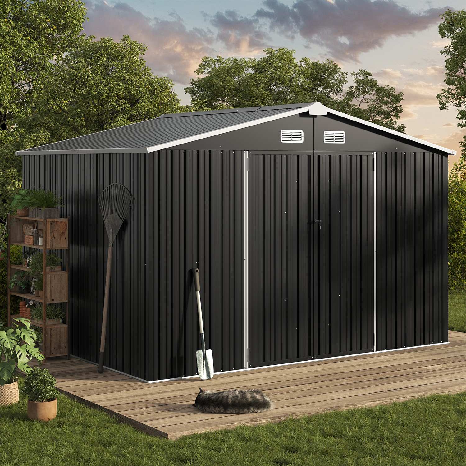 Sunmthink  10-ft x 8-ft Black Outdoor Metal Storage Shed with Double Hinged Large Lockable Door Sloped Roof for Garden Backyard Patio Utility Use