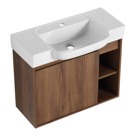 Vynxaria  28 in Single Wall-Mounted Brown Ebony Plywood Bath Vanity with White Ceramic Top KD-PACKING Ready to Assemble