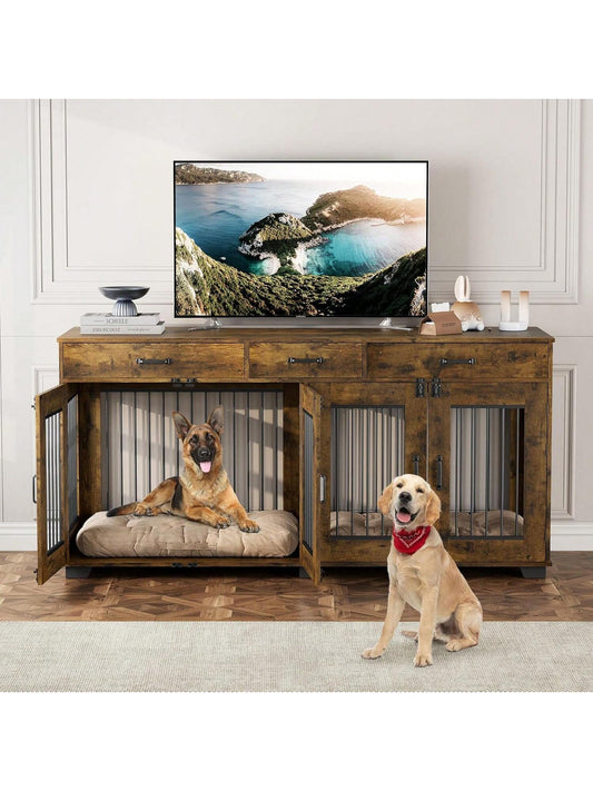 Qeetex 71-Inch Large Dog Crate With 3 Drawers For 2 Dogs Spacious Wooden Indoor Kennel With Divider Large Breed Dog Crate And TV Stand Perfect For Medium Large Dogs