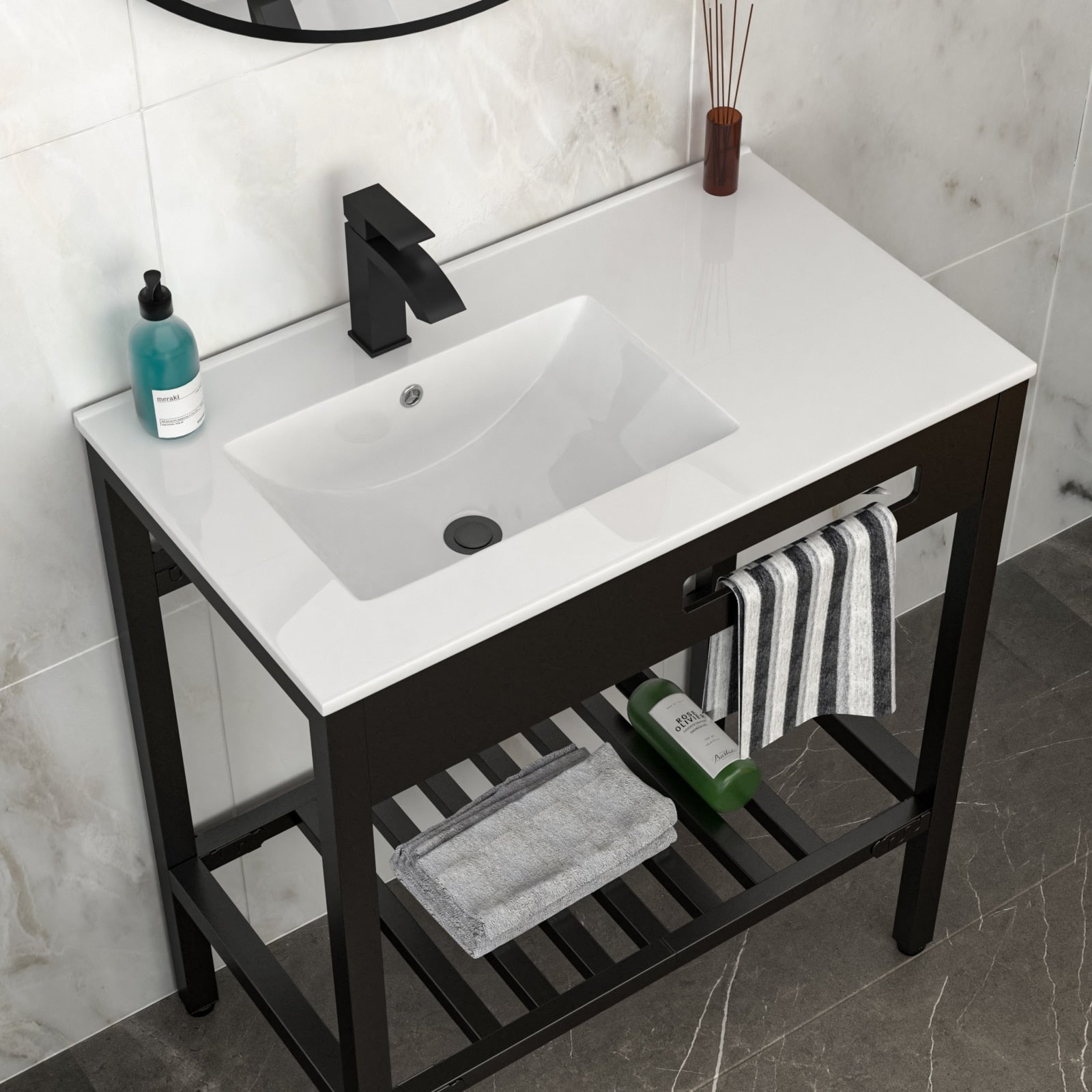 Tatayosi 32Inches x 18 1/2Inches Bathroom Ceramic Console Sink with Overflow and Black Legs