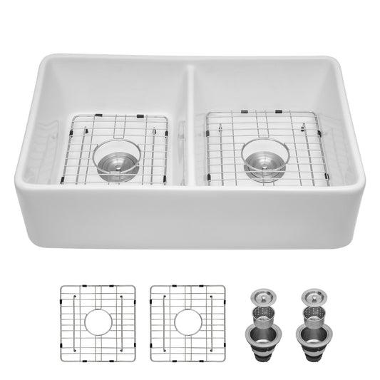 LIVIZA Farmhouse apron front 32-in x 20-in Porcelain Double equal bowl Kitchen Sink