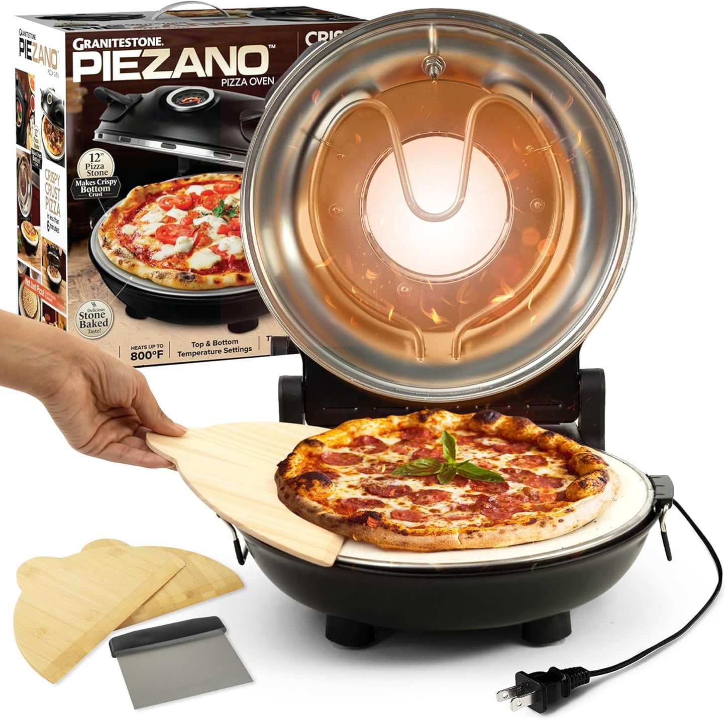 PIEZANO Crispy Crust Pizza Oven by Granitestone – 12 Inch Electric Pizza Oven Indoor Countertop Maker with Ceramic Stone Heats up to 800˚F for Delicious Stone Baked Pizzeria Style Pizza at Home