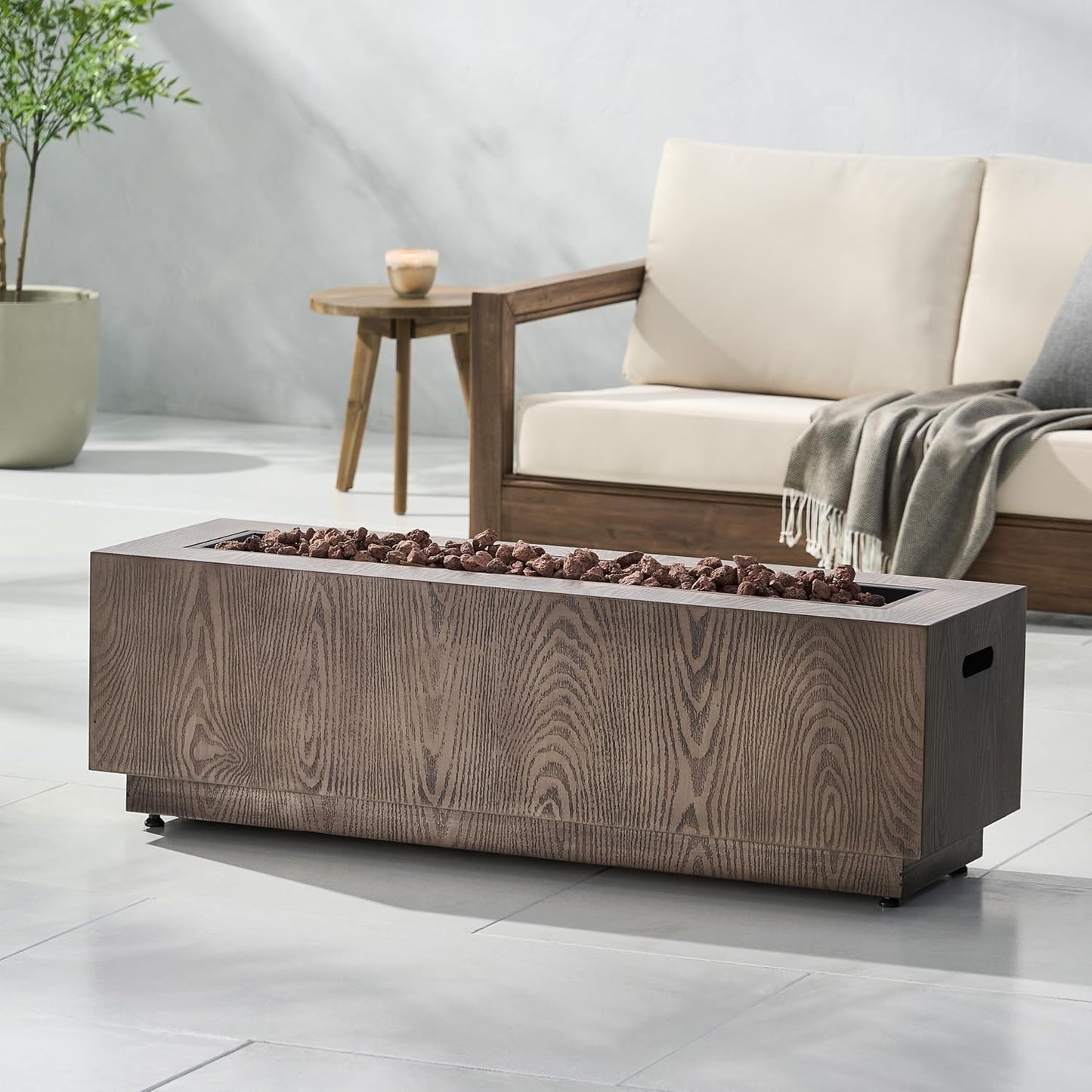 48" Outdoor Propane Fire Pit Table, 50,000 BTU Rectangular Iron Fire Pit with Natural Wood Grain Finish, Weather-Resistant, Ideal for Patio & Backyard Heating (Propane Tank Cover Not Included)