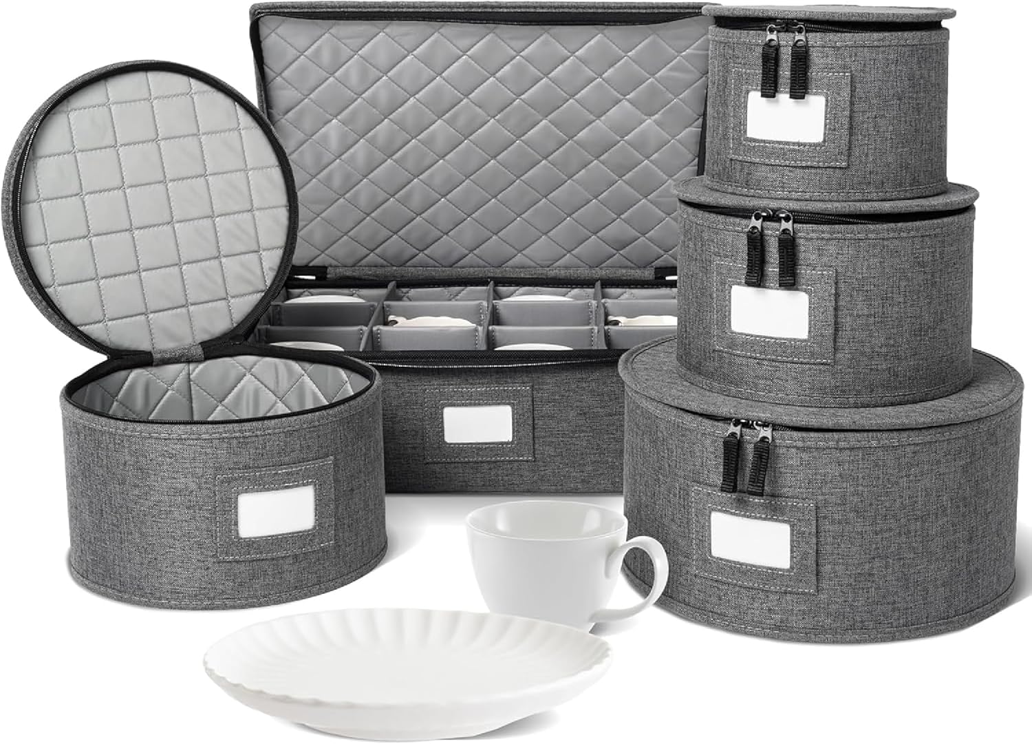 storageLAB China Storage Containers, Hard Shell Case with Felt Dividers for Charger Plates, and Dishes, Ideal for Kitchen Organization, Moving Supplies, and Fine China Storage - 5-Piece Set, Gray