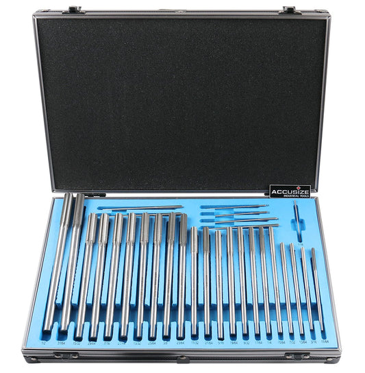 Accusize Industrial Tools 29 Pc Set 1\/16 to 1\/2 inch by 1\/64 in HSS M2 Premium Chucking Reamers, Straight Flute, Aluminum Case, 5528-SF00