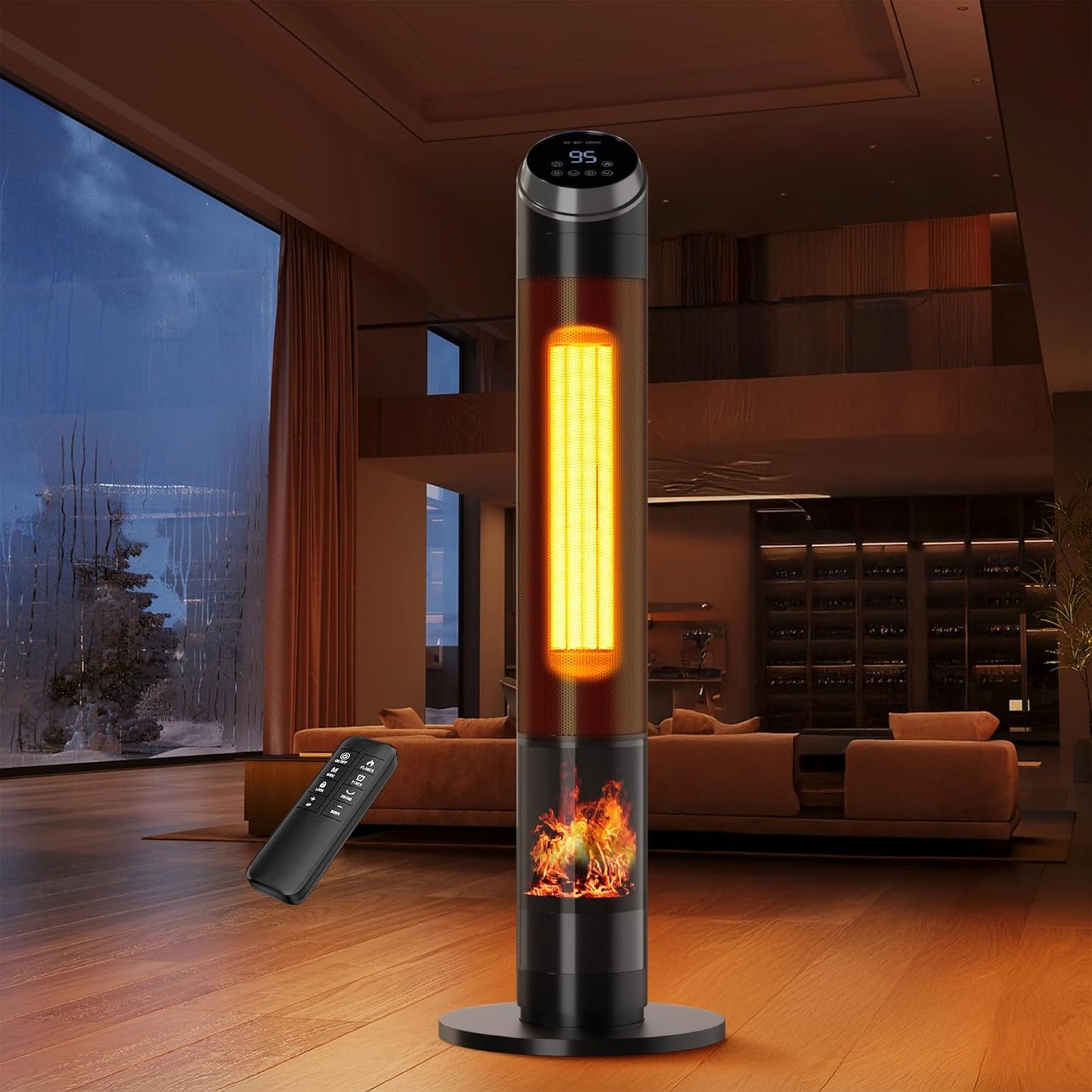 AKIRES 38IN Space Heater Large Room,1500w Space Heater For Indoor Use,120°Oscillating Tower Heater With Thermostat,Remote Control,Overheat & Tip-Over Protection,24H Timer For Large Rooms Black