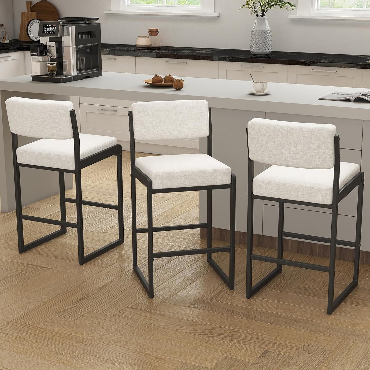 Mid Century Modern Counter Height Bar Stools Set of 3, 26" Bar Height Chairs with Backs, Upholstered Counter Stools, Metal Barstools for Kitchen Island (Beige- Fabric, 26" H - Set of 3)