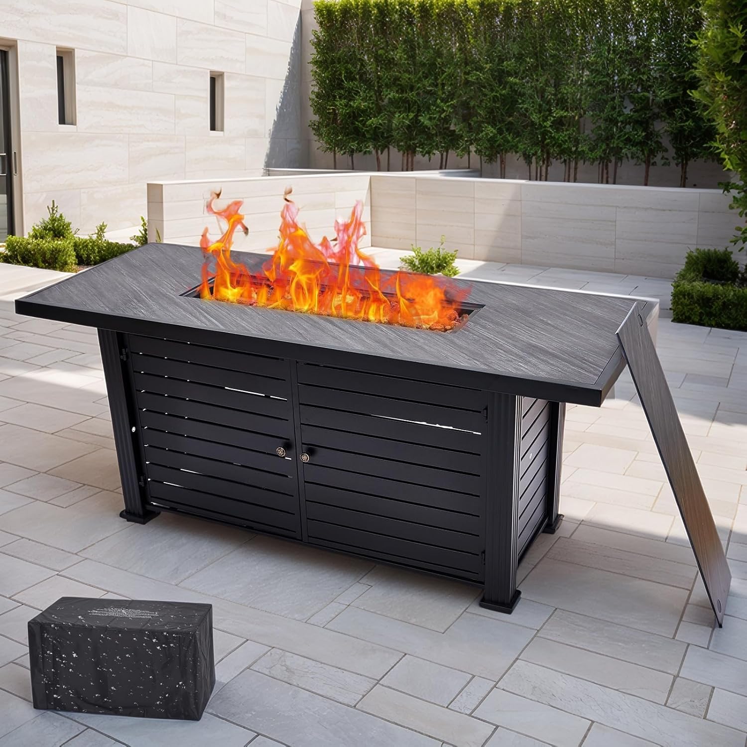 57" Fire Pit Table, 50000BTU Rectangle Propane Fire Table with Cover & Rain Cover, Sturdy Steel and Iron Fence Surface, CSA Safety Certified, Companion for Your Garden (Enlarged Version)