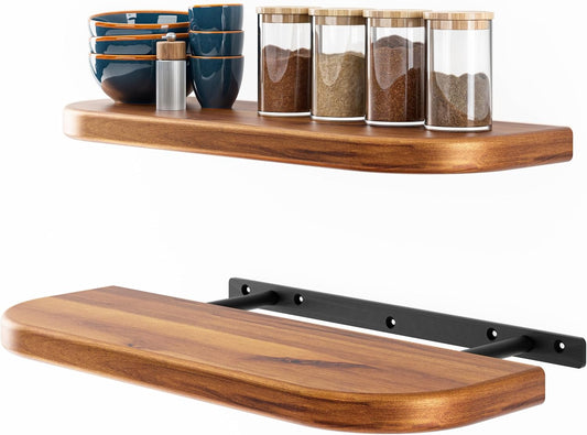 17" Acacia Wood Floating Shelves Wall Mounted (Round Edge) \u2013 Rustic Farmhouse Wooden Wall Storage Shelf for Bedroom, Kitchen - Brackets and Shelving Hardware Included (Acacia, 17 Inch Length)