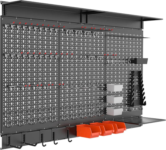WALMANN 113 PCS Pegboard Wall Organizer Kit with Pegboard Hooks, Bins, Shelves, Pegboard Tools Storage System for Garage, Workbench, Modular Peg Board Tool Organizer Board with Hooks(Black)