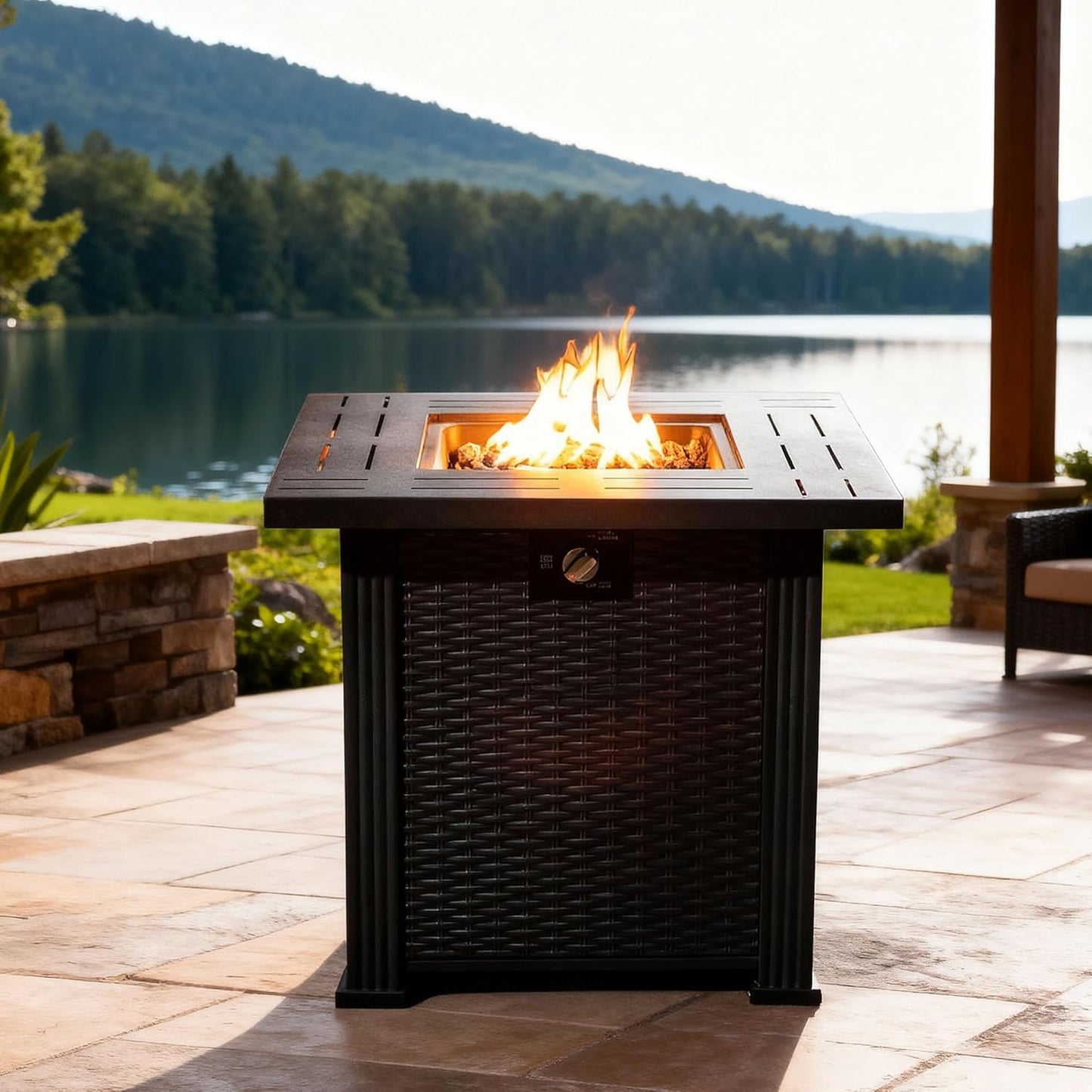 28" Propane Gas Fire Pit Table - 50000 BTU Square Steel Fire Pit with A Protective Cover for Outside Patio Deck Garden Backyard Courtyard - Home Essentials, Christmas, Thanksgiving Essentials - Black