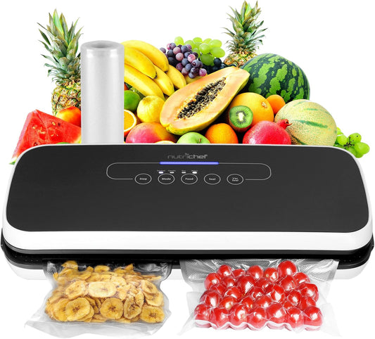 NutriChef Automatic Vacuum Air Sealing System for Food Preservation with Starter Kit, Compact Design, Lab Tested, Dry & Moist Food Modes with Led Indicator Lights, Black